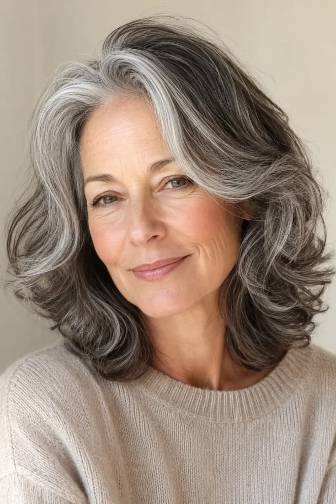 an English woman aged around 50–68 with soft shoulder-length salt and pepper wavy hair featuring natural volume and movement.