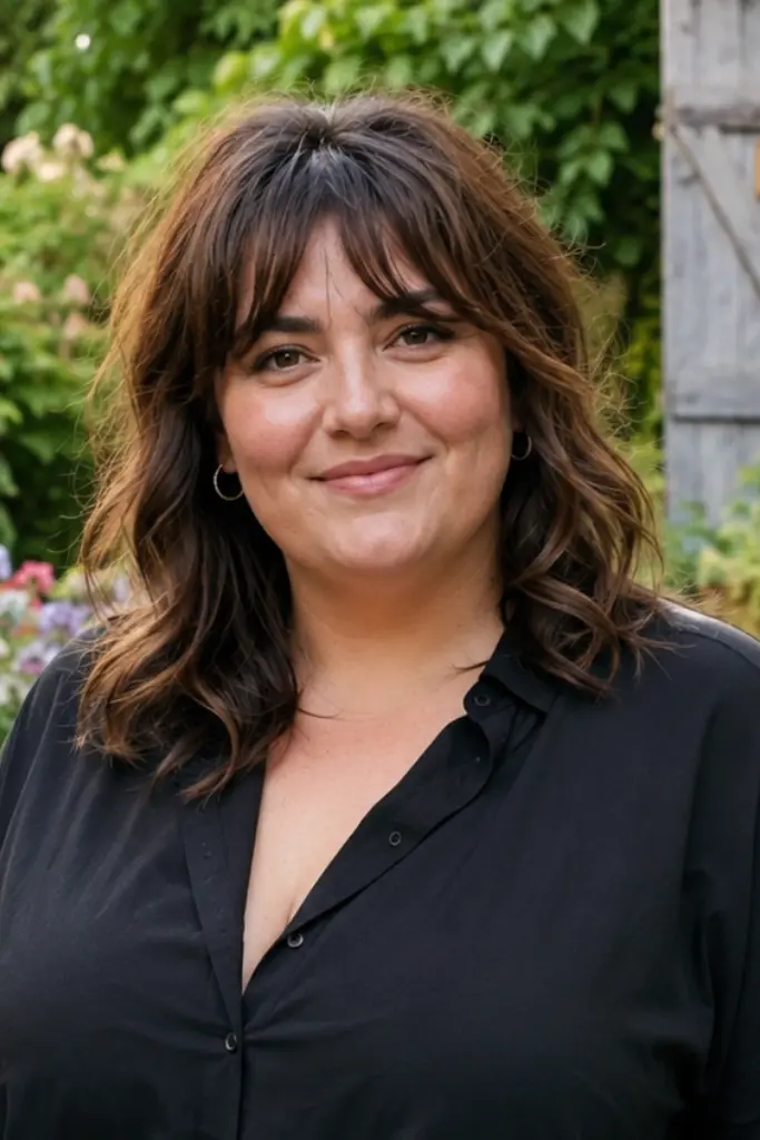 plus-size woman with a soft shag haircut and curtain fringe, medium brunette hair, and natural makeup standing in a colorful outdoor garden. She wears a black blouse and light-colored trousers, smiling confidently in natural daylight