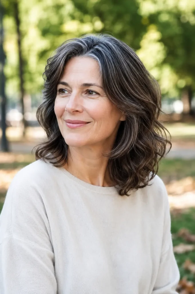 woman aged 40–60 with a shoulder-length soft wavy hairstyle, featuring natural volume, gentle movement, and textured waves. The hairstyle is the focal point of the portrait, captured in natural daylight with realistic hair detail and texture