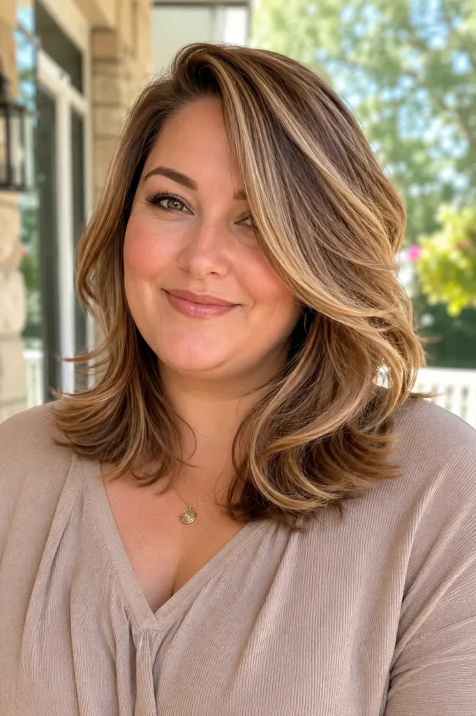plus-size woman with a medium-length soft wavy hairstyle and a deep side part, featuring natural light brown hair with subtle blonde highlights