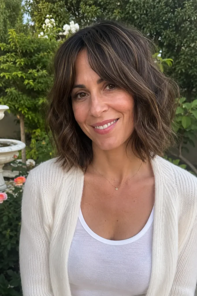 woman aged 28–48 with a soft wavy bob hairstyle and curtain fringe, rich brown hair with subtle highlights, wearing an elegant casual outfit in an outdoor garden setting