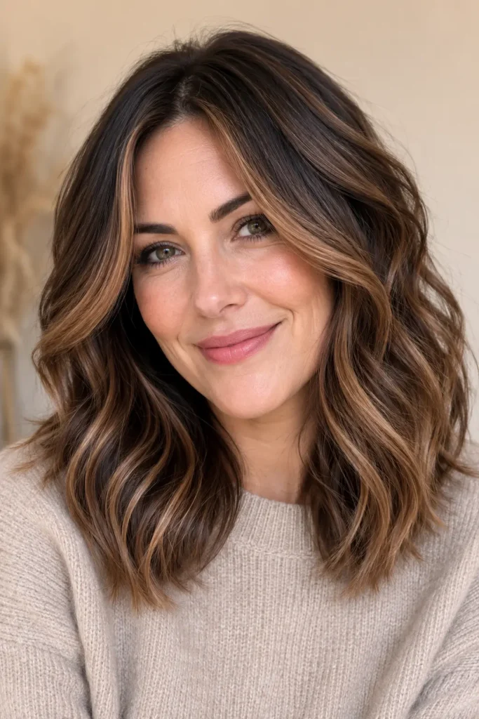 English woman with medium-length soft wavy dark brunette hair featuring rich dark caramel balayage, photographed in natural daylight against a cream background.