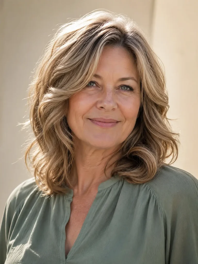 woman in her 50s with soft medium-length wavy hair and face-framing layers, showcasing glossy, healthy hair with defined texture. She wears a modest sage-green blouse and smiles gently in bright natural sunlight against a soft cream background,