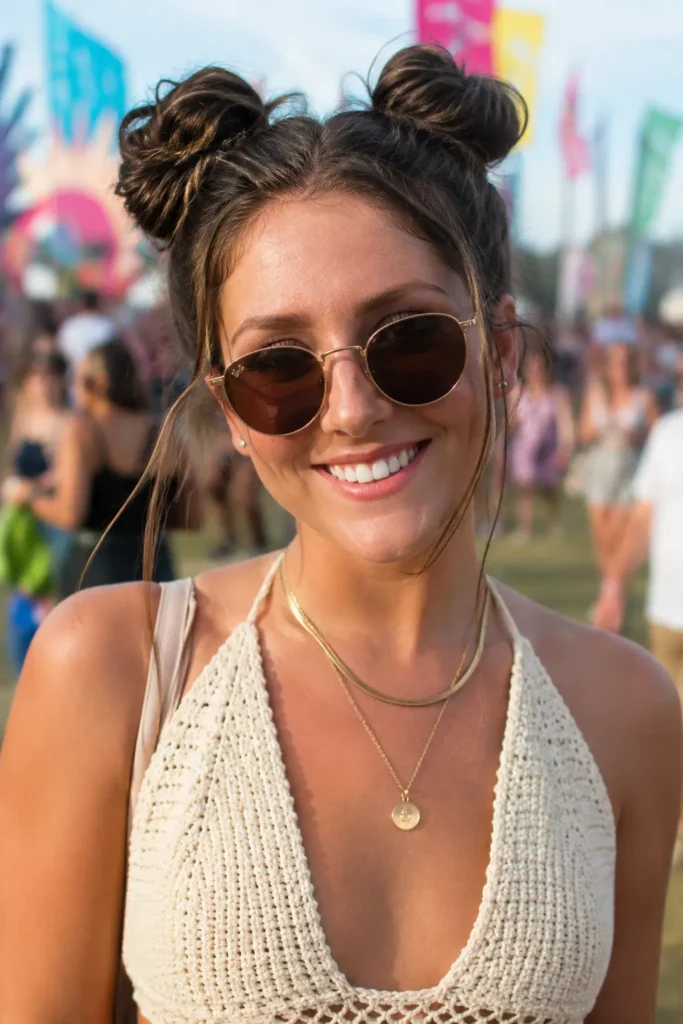 Young brunette woman with trendy double space buns smiling at an outdoor summer festival. The hairstyle is the focal point, featuring textured, voluminous buns and natural hair details. She wears a casual crochet summer top and sunglasses