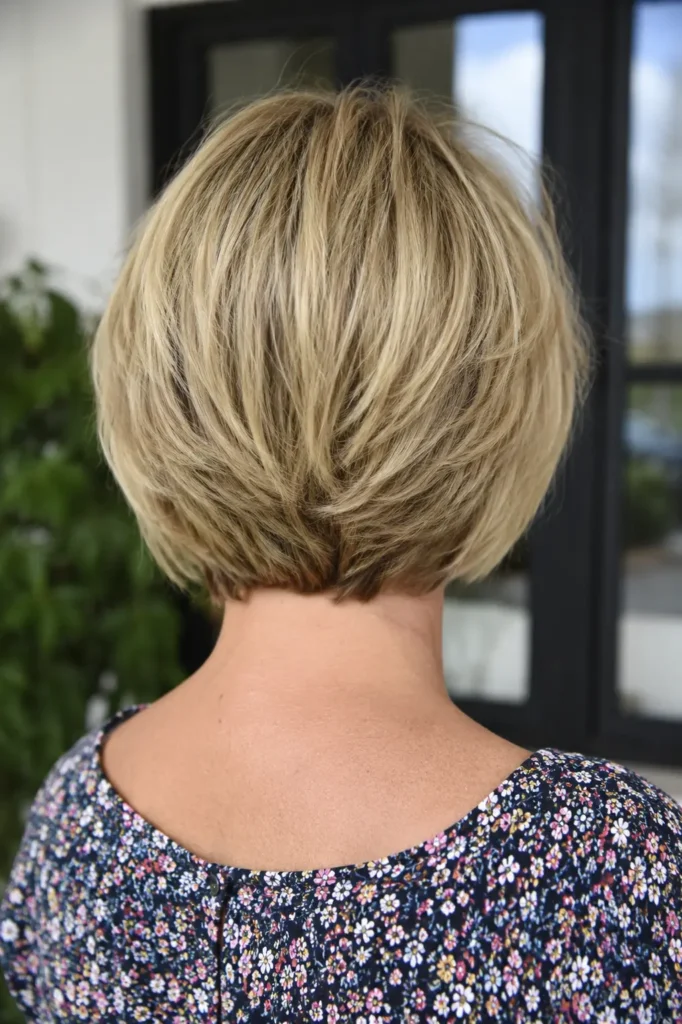 Back view of a real English woman aged 30–45 with a stacked bob haircut in soft golden blonde tones. The layered cut is neatly graduated at the nape, creating volume and shape through the crown