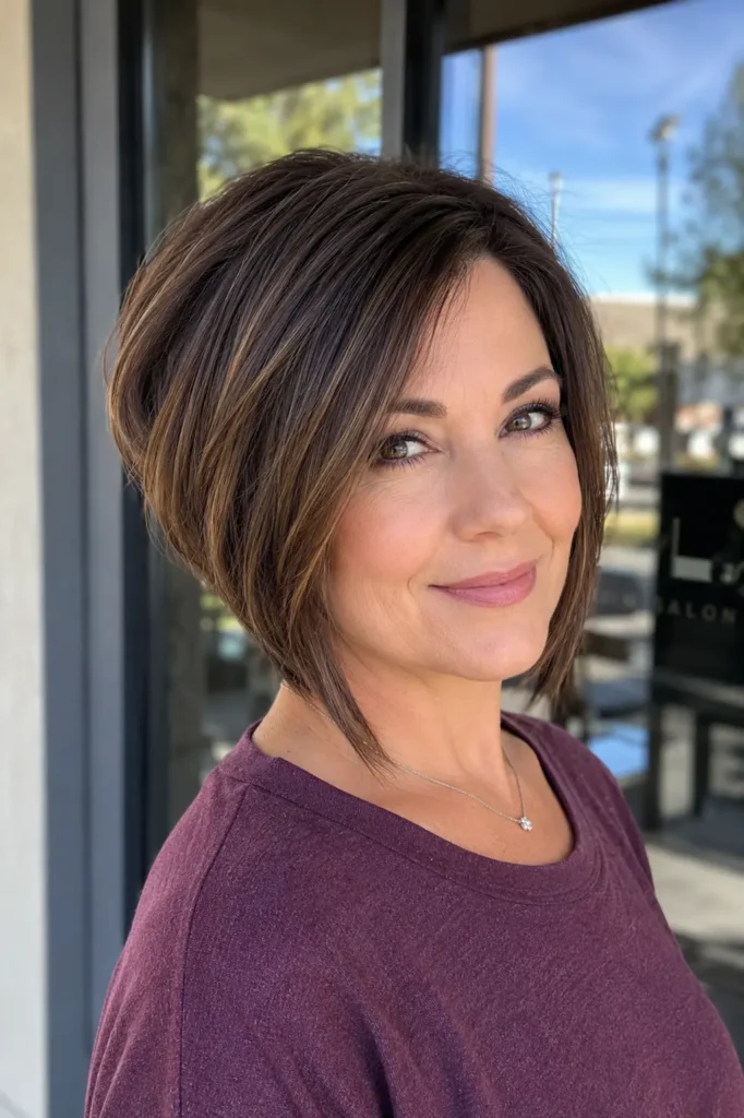 woman over 40 with a stacked bob haircut featuring a voluminous layered back and smooth face-framing front sections. Close-up vertical portrait showing the haircut’s rounded shape, rich brunette color, natural shine, and detailed texture in soft daylight