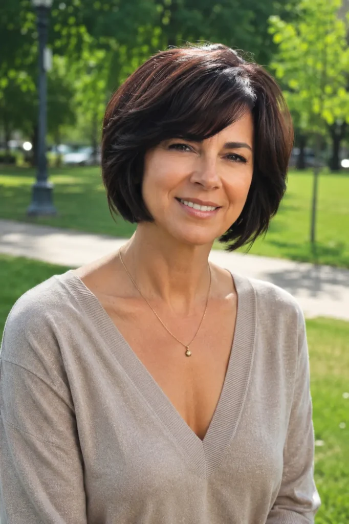woman aged 30–50 with a stacked bob haircut and side-swept bangs, featuring smooth dark brunette hair with soft volume at the crown. She wears an elegant beige top and delicate necklace while smiling outdoors in a green park setting