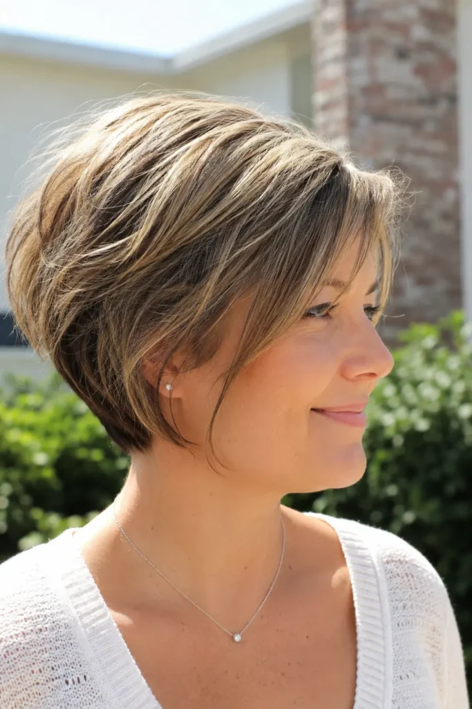 English woman with a stacked pixie bob haircut and round face shape, featuring a voluminous layered back and soft face-framing pieces