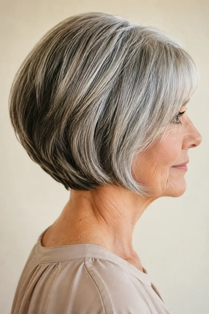 an English woman aged around 60 with a stacked salt and pepper bob featuring graduated layers and a rounded back.