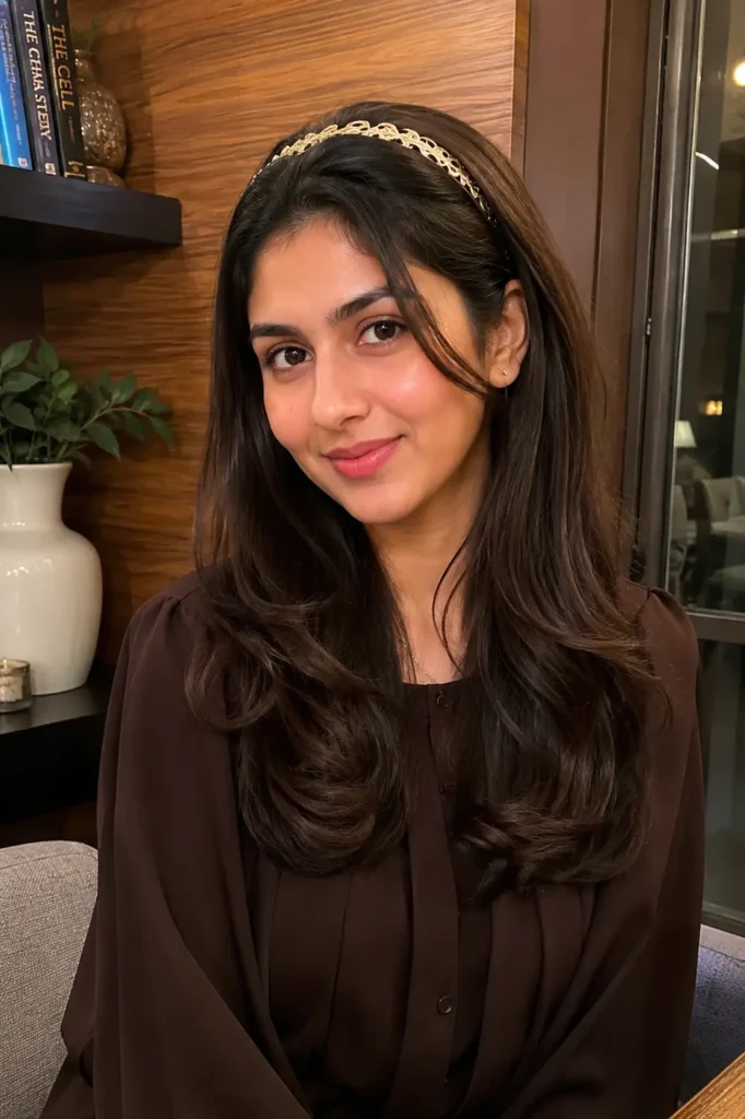 21-year-old woman with a soft-volume blowout hairstyle and elegant statement headband, wearing a modest dark brown outfit