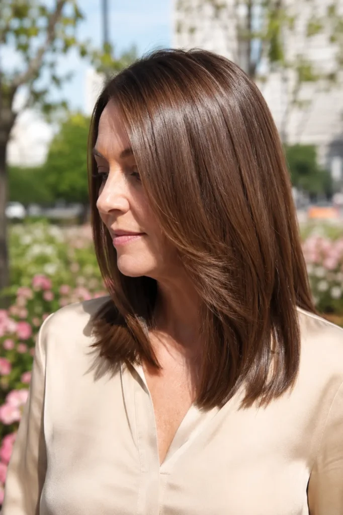 woman aged 40–60 with a sleek straight shoulder-length hairstyle, featuring smooth, glossy hair with healthy shine. The portrait is taken outdoors in a city garden setting with soft natural daylight. Her modest beige blouse covers the chest,