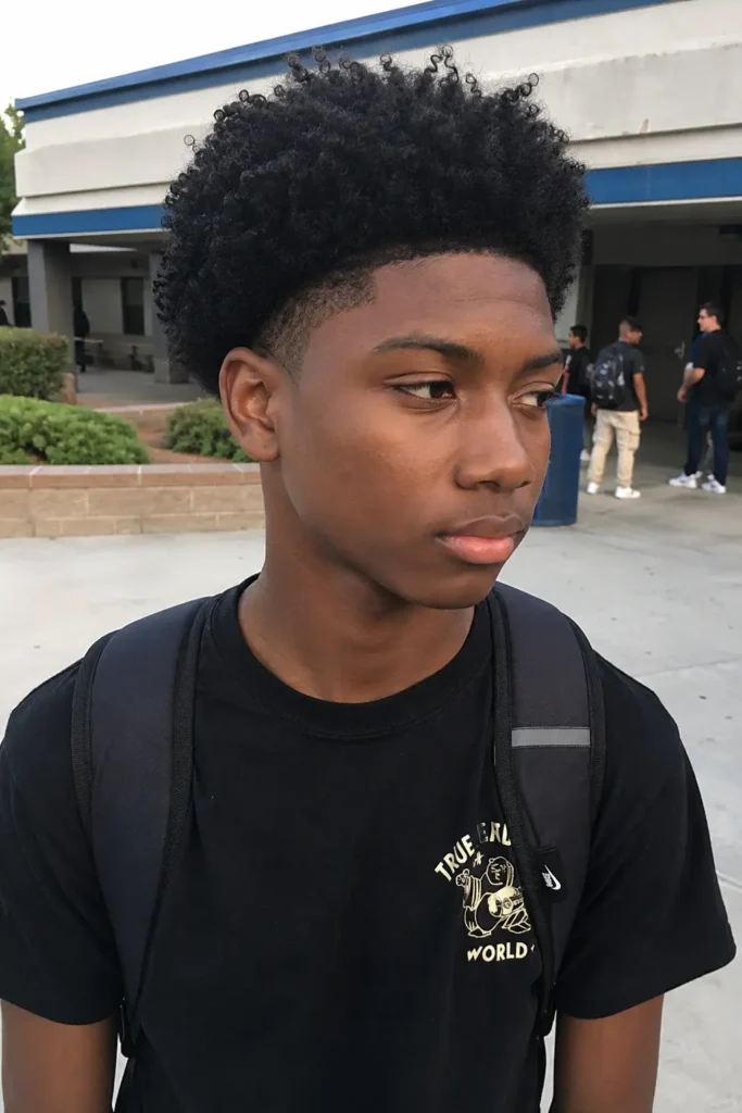 teenage boy with a tapered afro haircut and natural curly texture, featuring tapered sides and back. He wears a casual black t-shirt and backpack while standing outdoors on a school campus