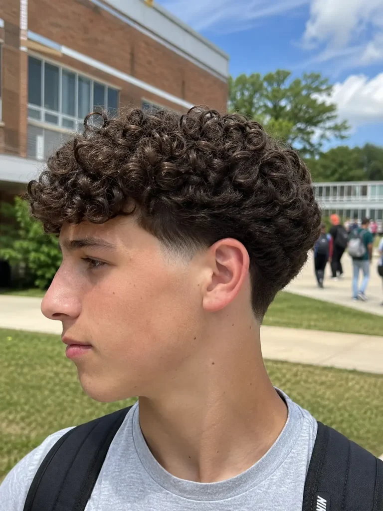 teenage boy with a tapered curly haircut and natural textured curls, standing outdoors on a school campus in daylight,