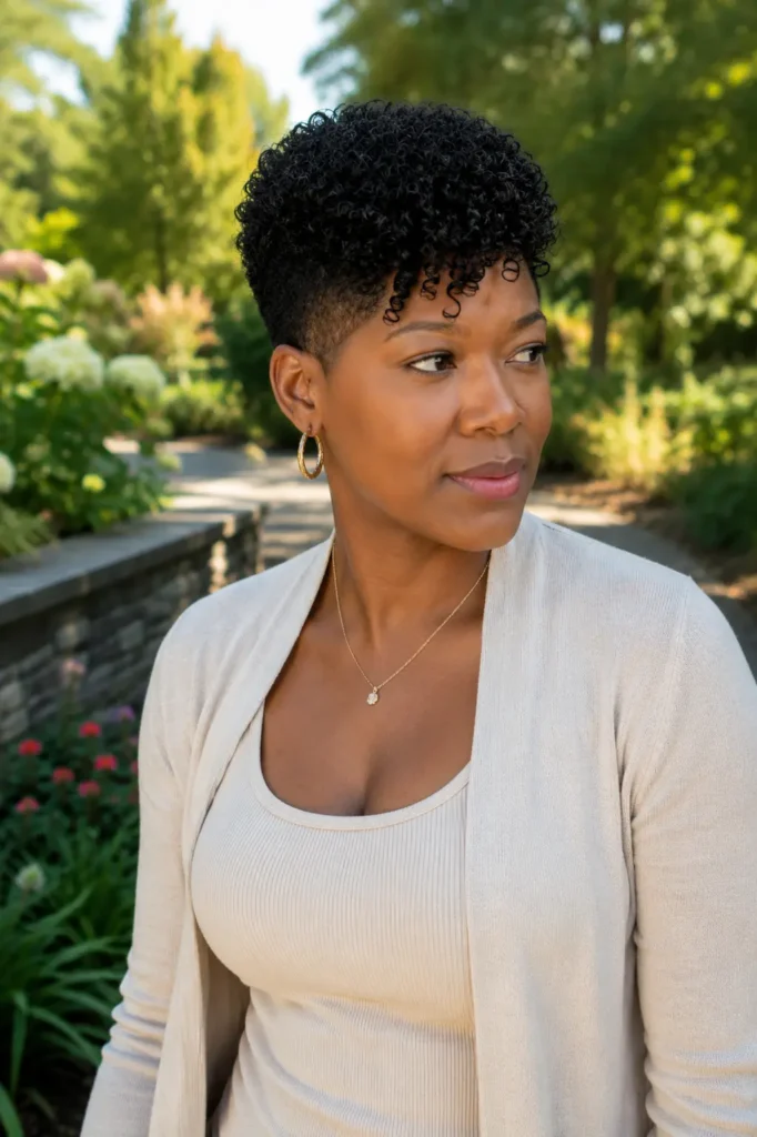 Black woman with a tapered curly pixie haircut and defined natural curls, wearing a casual elegant outfit in a lush outdoor garden