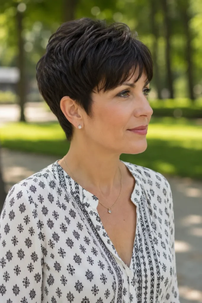 woman aged 30–50 with a dark brunette tapered pixie haircut and soft bangs, wearing an elegant patterned blouse in an outdoor park setting
