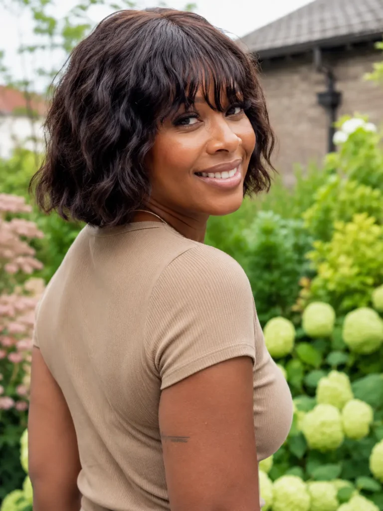 Black woman with a textured bob haircut and feathered bangs, rich dark brown hair, smiling in an outdoor garden setting