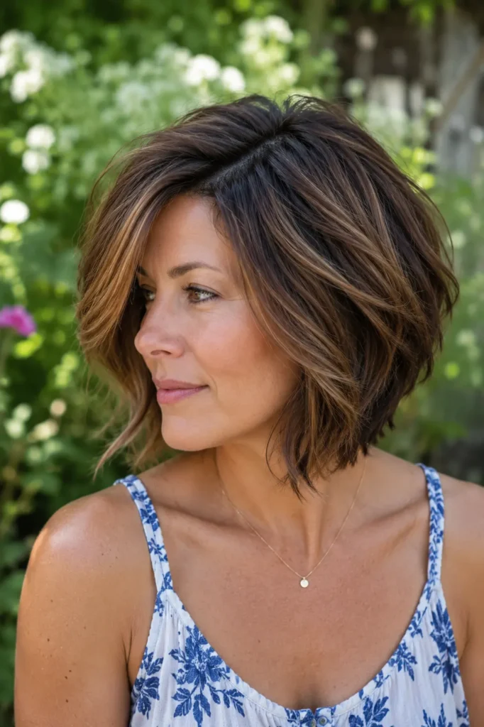 woman aged 30–50 with a textured bob haircut and deep side part, featuring soft choppy layers that add volume and movement. Medium brown hair with subtle highlights frames her face in a close-up outdoor portrait. She wears a casual summer floral top and light makeup