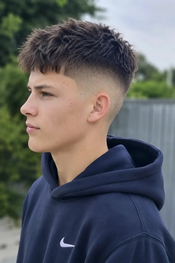 teenage boy with a textured buzz fade haircut featuring a short textured top and clean faded sides, wearing a navy hoodie outdoors in natural daylight