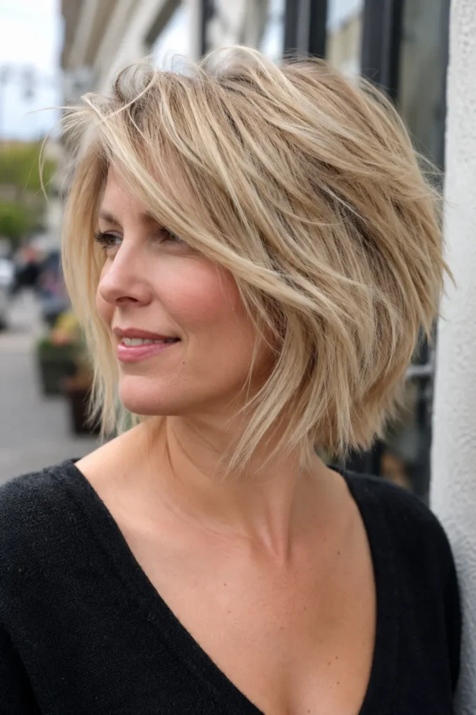 English woman with soft champagne blonde hair styled in a textured choppy layered cut with a deep side part.