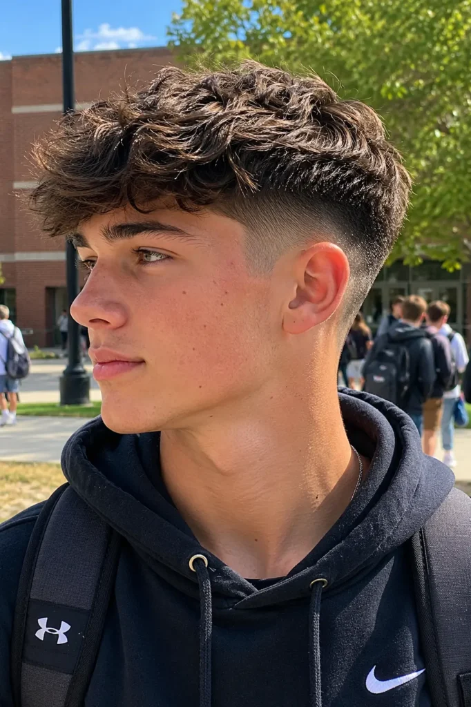 teenage boy with a textured crop fade haircut and faded sides, wearing a school hoodie on an outdoor campus in natural daylight