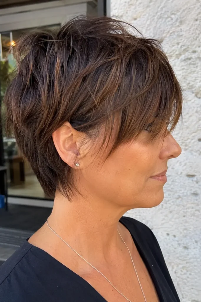 Close-up side profile of a real woman over 40 with a textured brunette crop haircut and long side-swept fringe. The hairstyle features detailed layered texture, natural volume, and subtle shine, highlighted by soft outdoor lighting