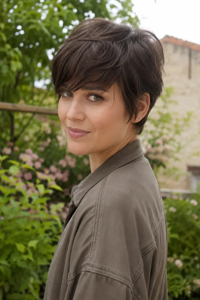 woman aged 25–40 with a textured crop haircut and long side-swept fringe in dark chestnut brown, standing in a lush outdoor garden. She wears a casual chic outfit and looks over her shoulder toward the camera