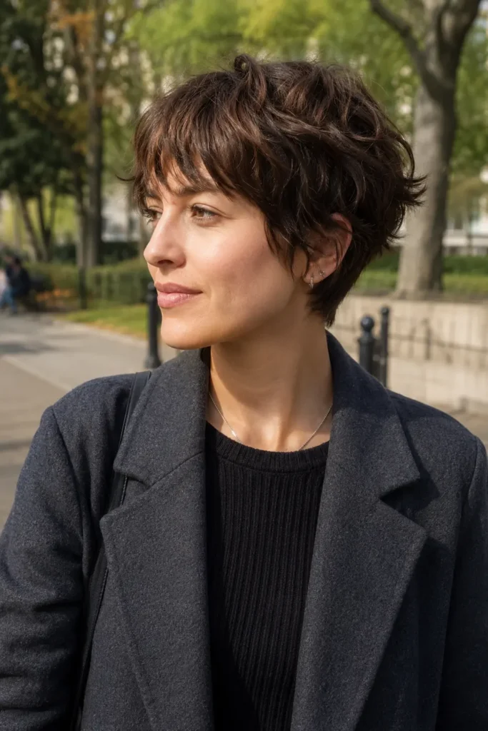 woman with a textured crop haircut and wispy fringe, medium brown hair, and natural skin texture standing in an outdoor city park. The upper-body portrait highlights the short layered hairstyle, with soft natural daylight