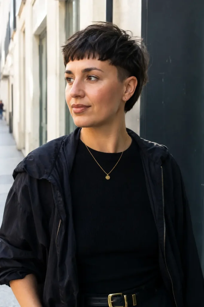 woman with a textured French crop haircut and short bangs, featuring dark brunette hair and natural skin texture. She wears a trendy casual black outfit