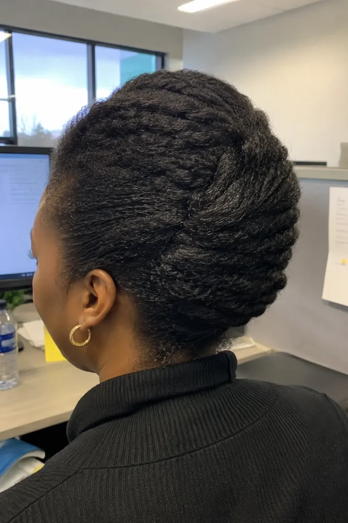 Side and back view of a real woman in a professional office wearing a textured French roll hairstyle on natural Type 4 hair