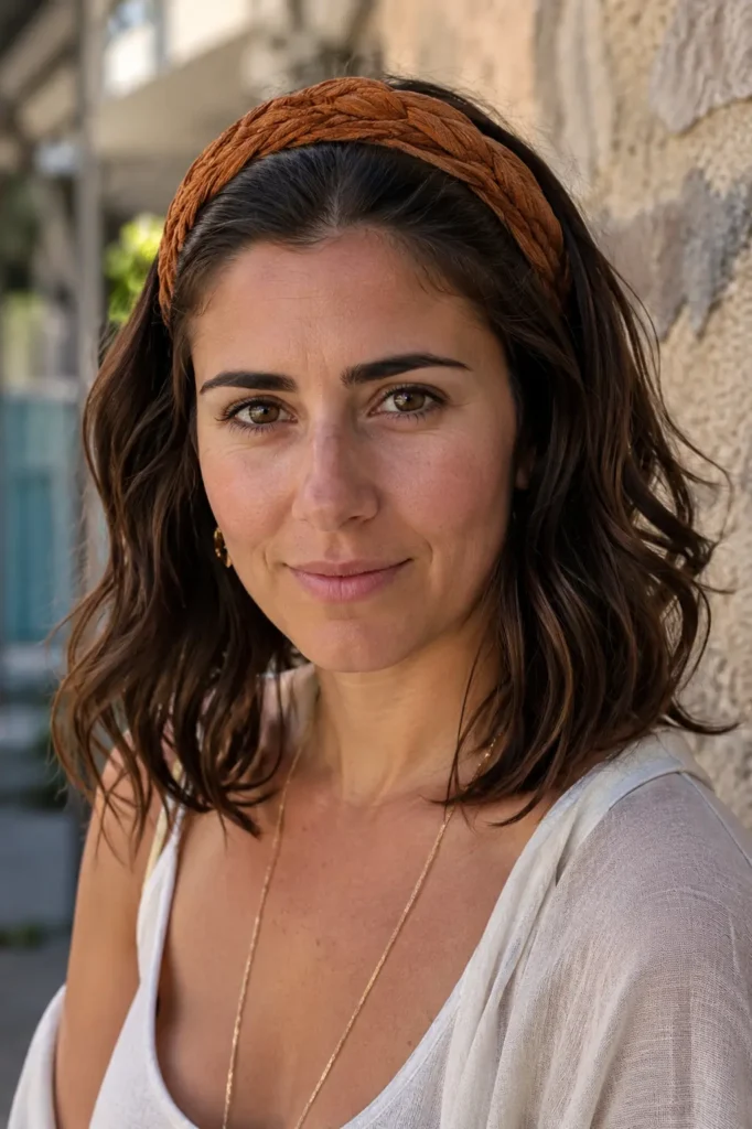 woman with a textured braided headband hairstyle and shoulder-length wavy dark brown hair, photographed outdoors in natural light.