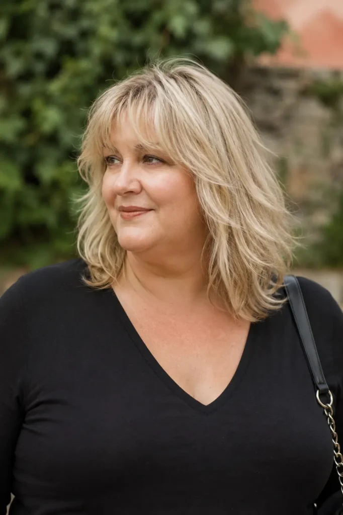 Plus-size real English woman with a textured blonde lob haircut and soft feathered bangs, beige-blonde hair with natural shine, captured in a close-up outdoor portrait under soft natural daylight. She has realistic skin texture and a calm