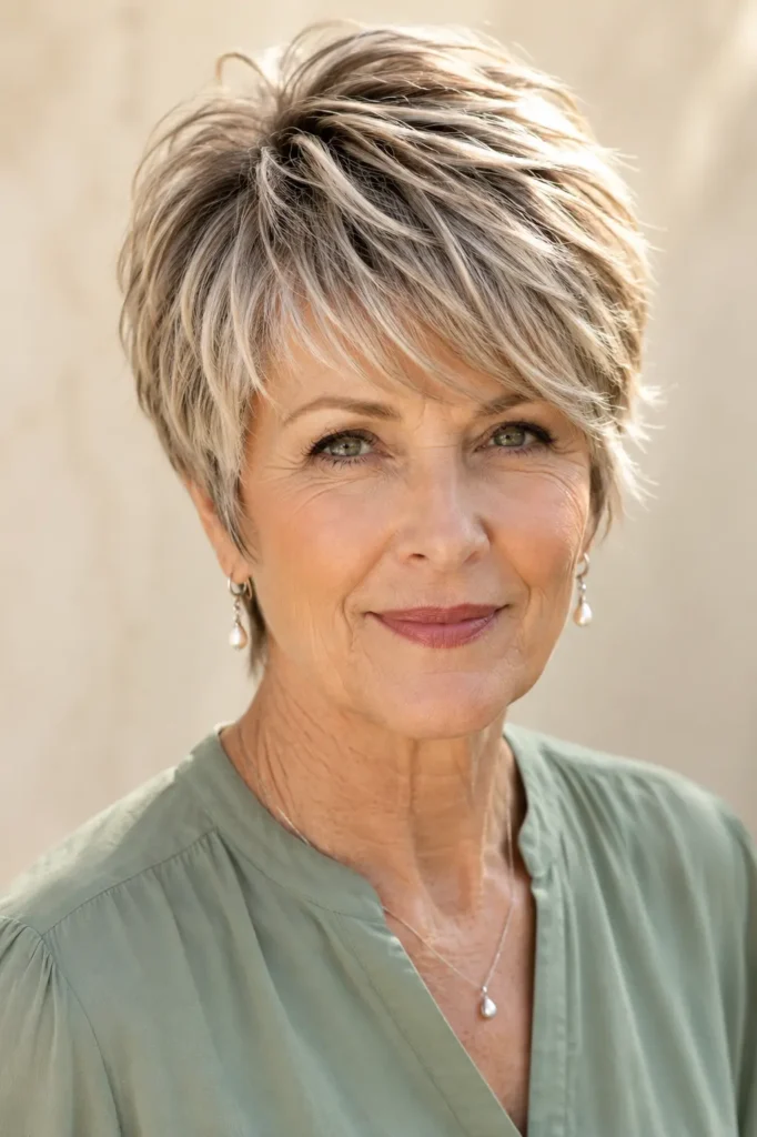 English woman aged around 60 with a textured long pixie haircut featuring feathered layers, glossy silver-blonde hair with natural movement