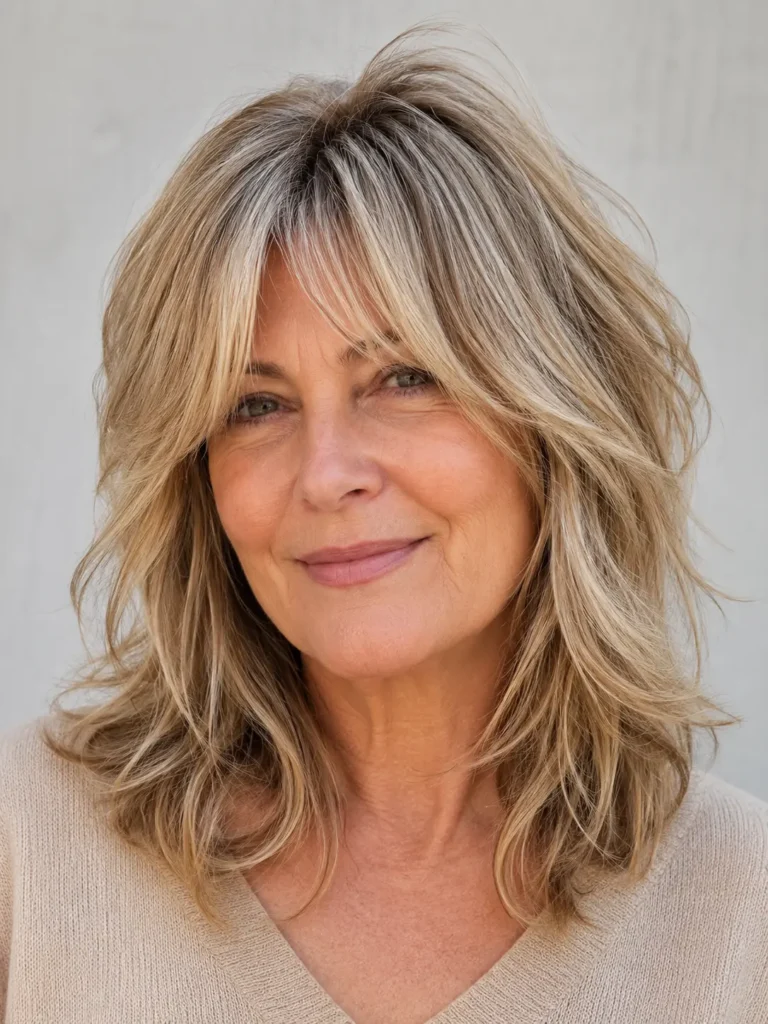 an English woman in her late 50s with a textured medium shag haircut and soft curtain bangs. Her layered blonde hair has healthy shine and natural movement, filling most of the frame