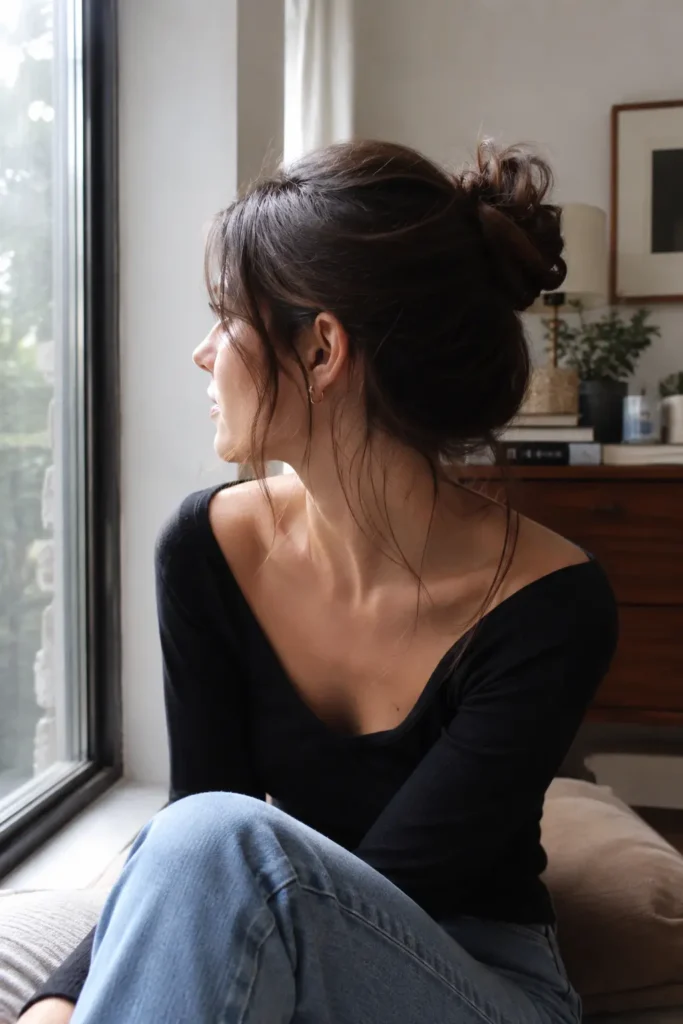woman with medium-length brunette hair styled in a textured mid-level bun, featuring natural volume and loose face-framing strands. Captured in soft window light inside a cozy home, she wears a casual stylish outfit and sits in a candid pose