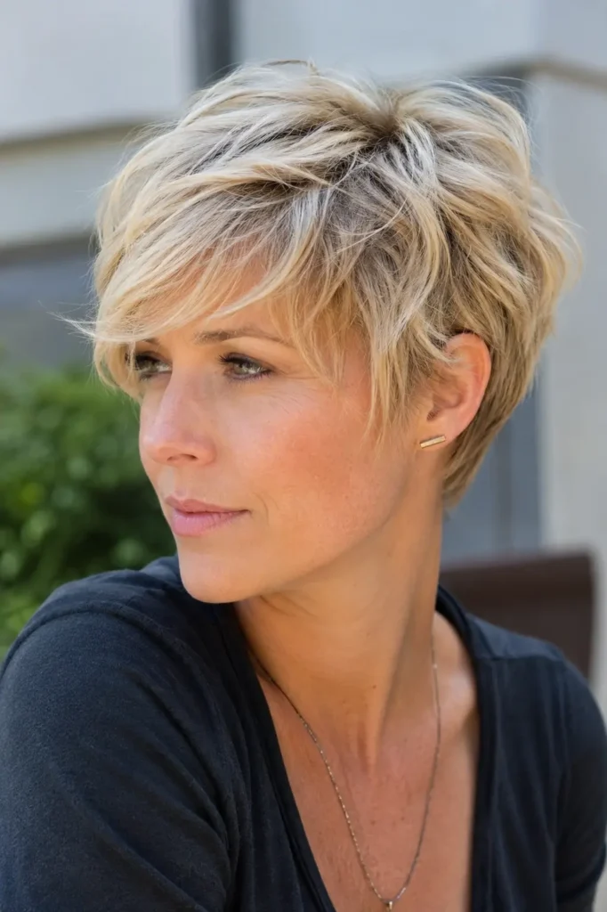 English woman aged around 28–45 with a textured pixie cut in soft blonde tones and feathered layers.
