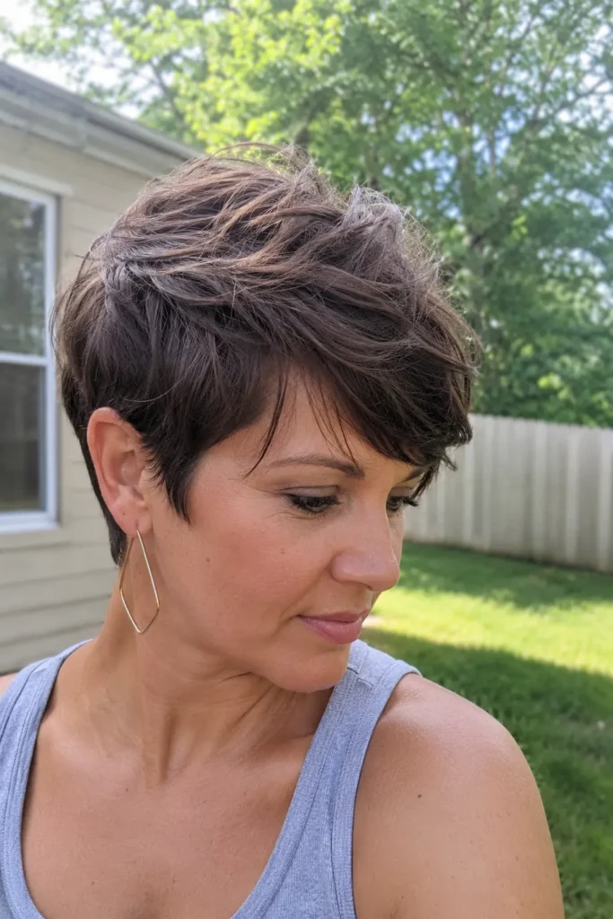 woman over 30 with a textured brunette pixie cut featuring short, layered volume and natural movement. Close-up outdoor portrait in bright summer daylight, highlighting realistic hair texture, authentic skin details, and a stylish everyday look