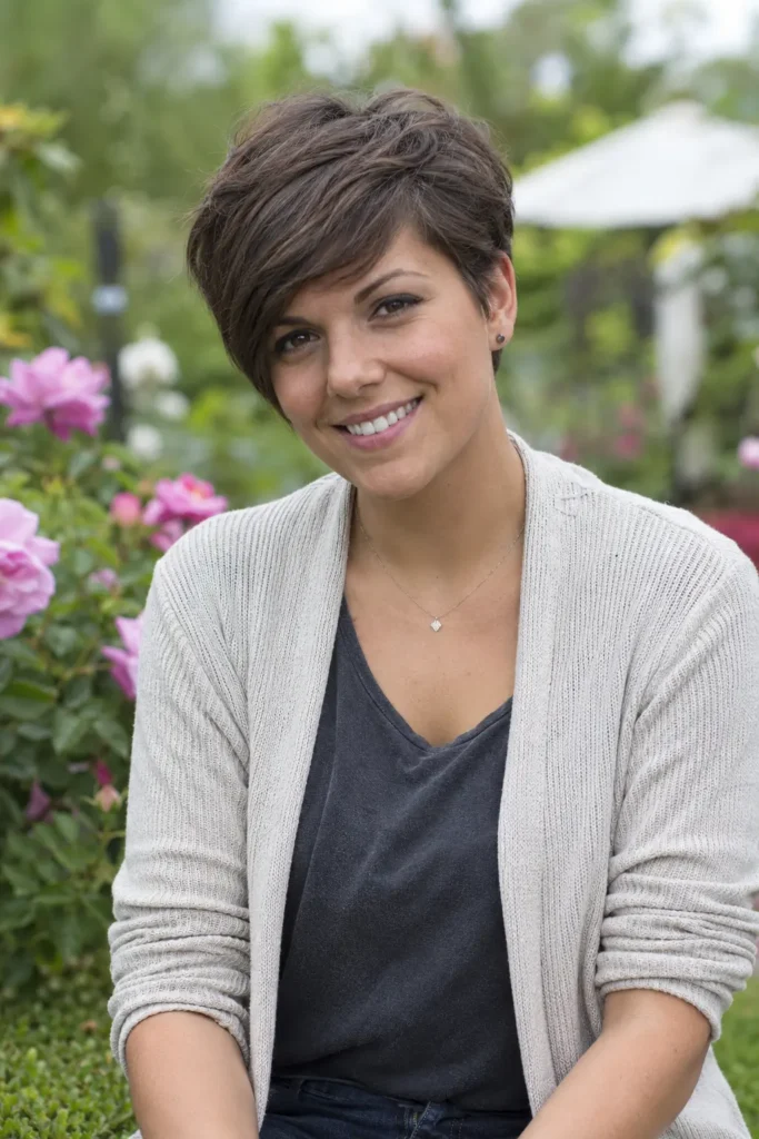 woman with a textured pixie haircut and side-swept bangs in natural brown hair, smiling in a lush outdoor garden. Upper-body portrait with realistic skin texture