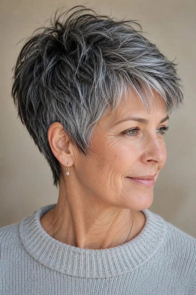 an English woman aged around 60 with a textured salt and pepper crop haircut featuring short layered texture and lifted crown volume