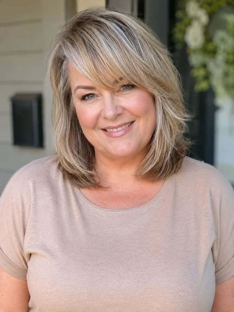 English plus-size woman with a textured shoulder-length haircut and side fringe, featuring ash blonde layered hair with healthy shine. She wears a modest nude-beige shirt and smiles softly at the camera