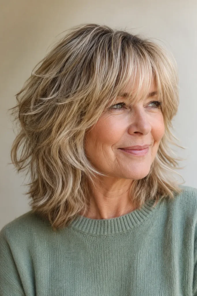 a real English woman in her late 50s with a textured shoulder-length shag haircut featuring soft layered movement and glossy, healthy hair. She wears a modest sage-green sweater