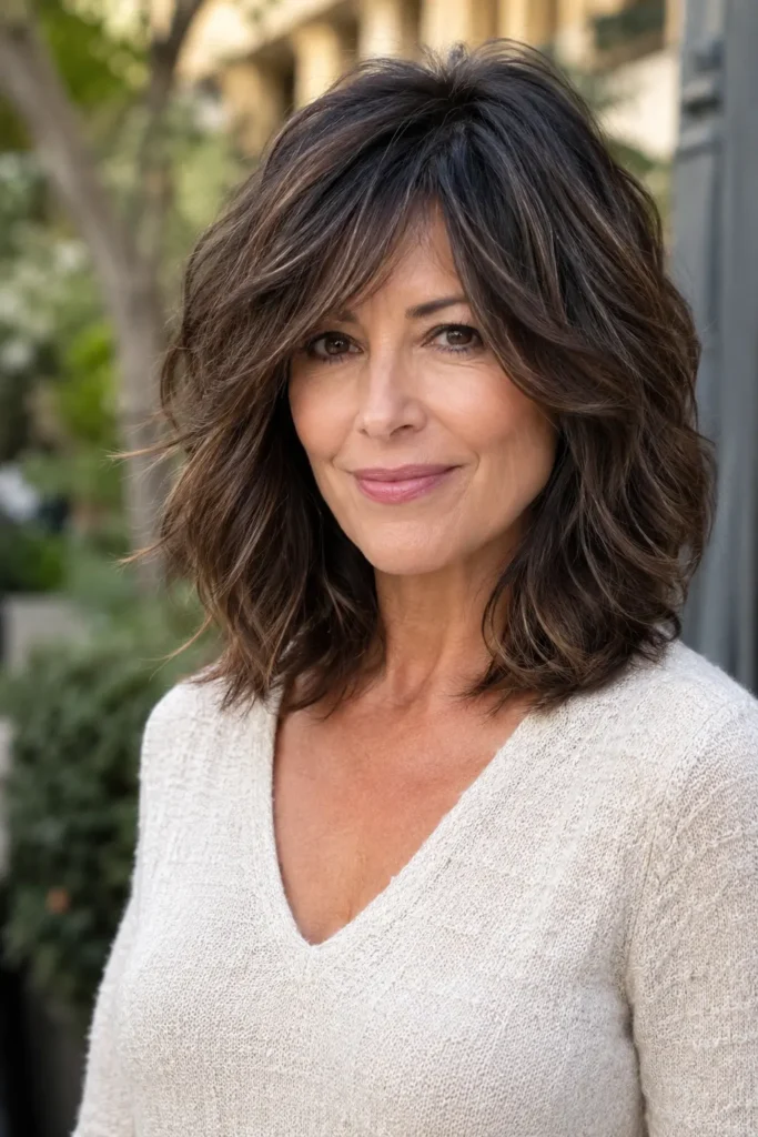 woman aged 40–55 with a shoulder-length textured shag hairstyle featuring soft, layered waves and natural volume. The hair is the main focus of the portrait, showcasing movement, texture, and face-framing layers. She wears a modest cream-colored top covering the chest