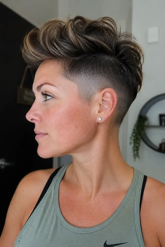 woman with a short textured undercut hairstyle featuring clean shaved sides and a voluminous textured top. She wears athletic sportswear and is shown in a close-up side profile under natural lighting, highlighting the detailed haircut, realistic hair texture