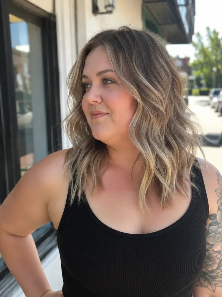 English plus-size woman with a medium-length textured wavy ash blonde hairstyle, photographed outdoors in bright natural daylight.