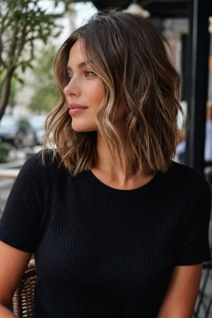 Young woman with a shoulder-length textured wavy lob featuring balayage highlights, showcasing dimensional color and natural movement. Photographed at an outdoor café in natural daylight, with realistic skin texture, a modest dark top