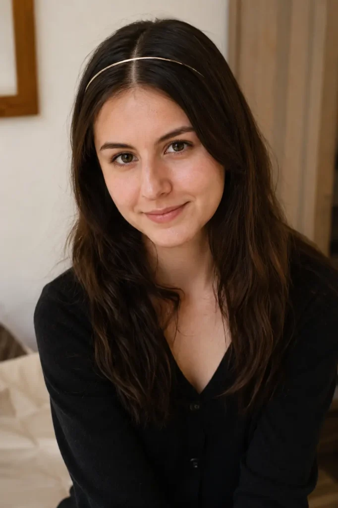 portrait of a 22-year-old woman with natural facial features and visible skin texture, wearing a thin metallic headband over a center-parted hairstyle. Her dark hair falls naturally around her shoulders, with the hairstyle as the main focus