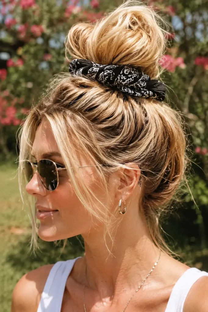 Woman wearing a blonde top knot bun wrapped with a printed bandana in a sunny outdoor setting.
