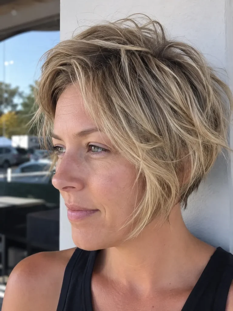 Close-up portrait of a real English woman with a tousled crop haircut featuring ash blonde textured layers. Her short, choppy hairstyle is the focal point, showcasing natural movement and detailed texture