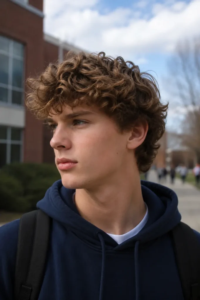 **Alt text:** Teen boy with a tousled waves haircut, featuring soft layered wavy hair and natural volume, wearing a navy hoodie on a school campus with a blurred outdoor background.