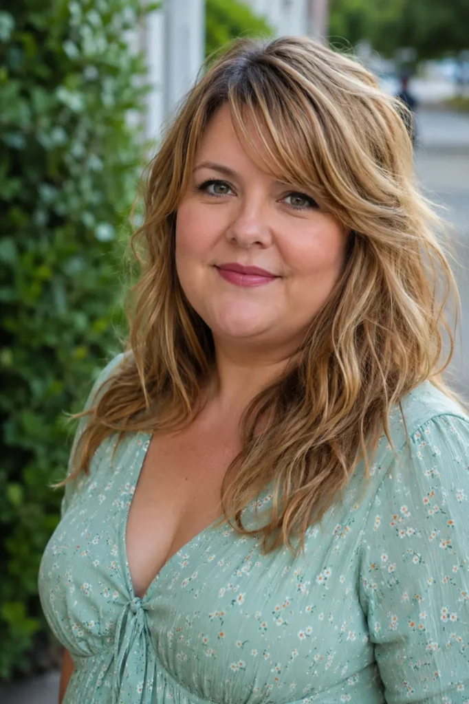 plus-size woman with a tousled wavy honey-blonde hairstyle and side-swept bangs, photographed outdoors in natural daylight