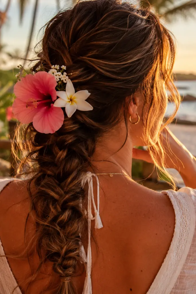 Back view of a woman seated by the beach at sunset, featuring a voluminous loose brunette braid decorated with pink and white tropical flowers